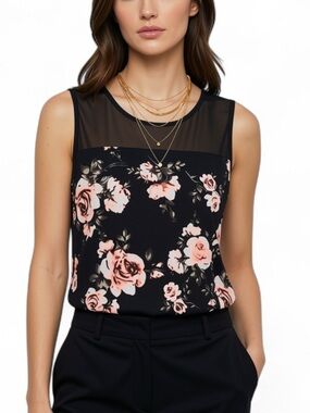 Floral Mesh Yoke Sleeveless Top - Black with Pink Roses